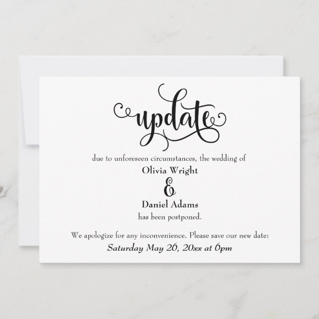 Uppdatera meddelande om uppskjuten Bröllop i skrip Inbjudningar (Framsida)