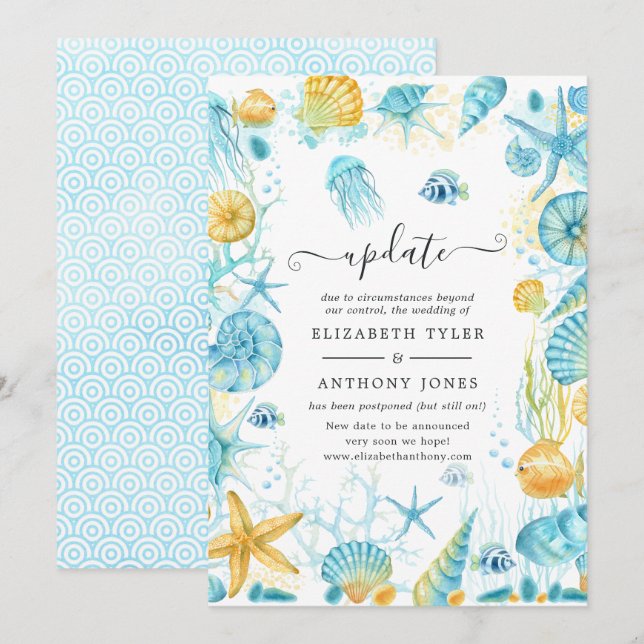 Uppdatering av blått och Gult Sea Life Bröllop Inbjudningar (Fram/baksida)