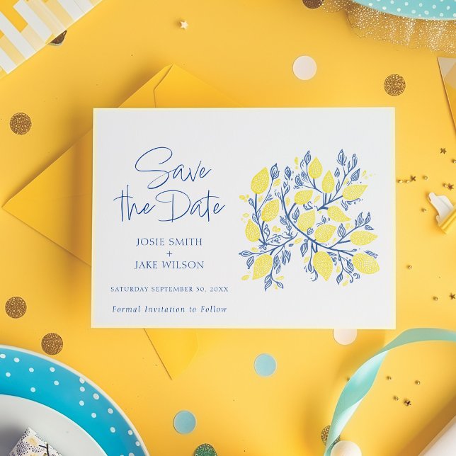 Uppdatering av citronvinerna sparar datumet spara datumet (Bright and colorful Mediterranean inspired yellow lemons and blue vines Save the Date card)