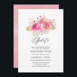 Uppdatering av rosa och Guld Ro Bröllop Inbjudningar<br><div class="desc">Rosa ros och den tropiska lövbladen vid glitter sköt upp bröllopsinbjudan.</div>