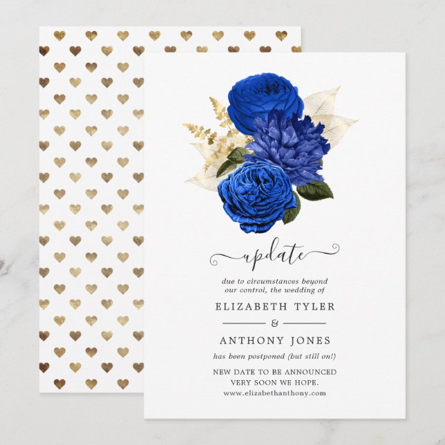 Uppdatering av Royal Blue & Faux Foil Guld Blommig Inbjudningar (Fram/baksida)