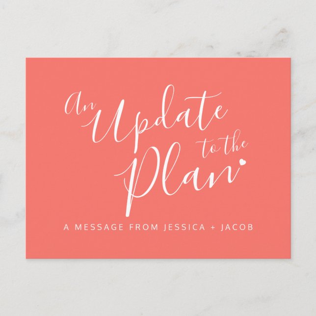 Uppdatering till plan korallorange bröllopsavbokni meddelande vykort (Framsida)