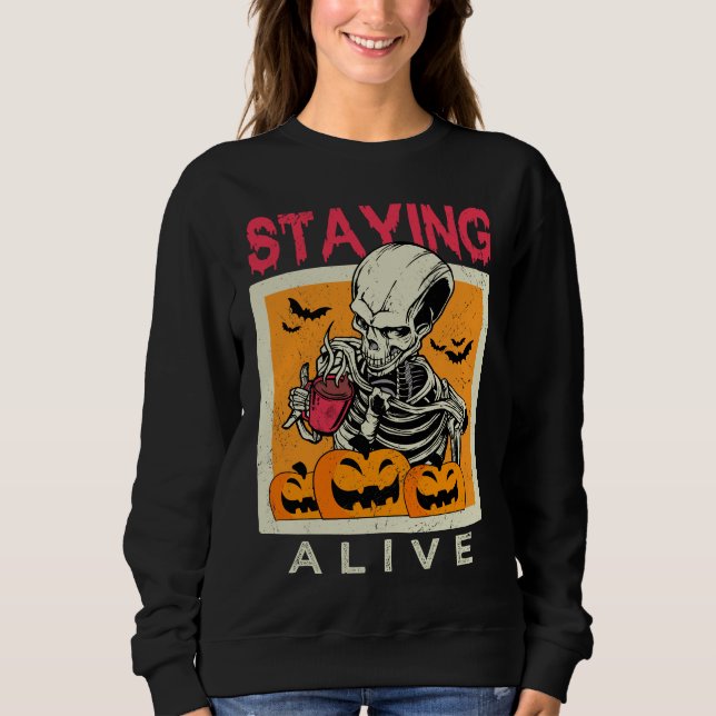Uppehållande av levande Skeleton-kaffe Halloween-d T Shirt (Framsida)