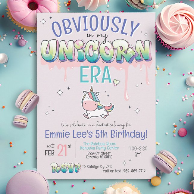 Uppenbarligen i min Unicorn Era-fantny Rosa Birthd Inbjudningar (Funny Cute Obviously In My Unicorn Era pastel rainbow unicorn theme girl pink birthday party Invite)