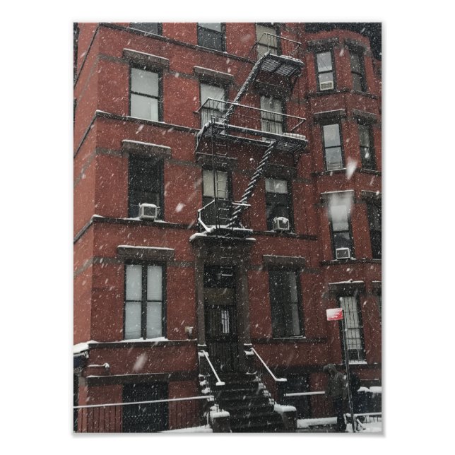 Upper Väster Brownstone Fire Escape NYC Snö Fototryck (Framsidan)