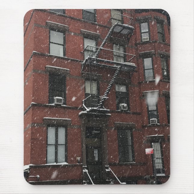 Upper Väster Brownstone Fire Escape NYC Snö Musmatta (Framsidan)