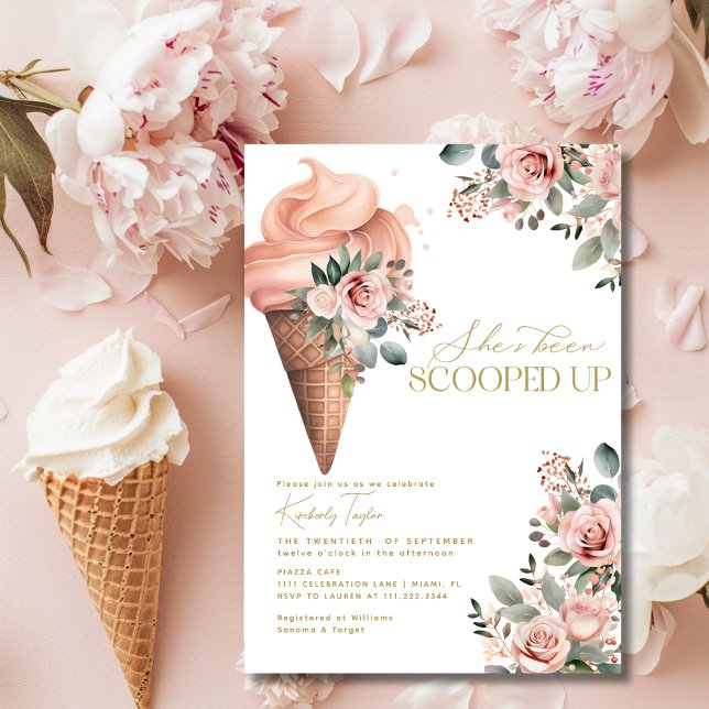 Uppfångad isglass i blomsterrosa bröllopsdusch inbjudningar (Scooped Up Ice Cream Floral Pink Bridal Shower Invitation)