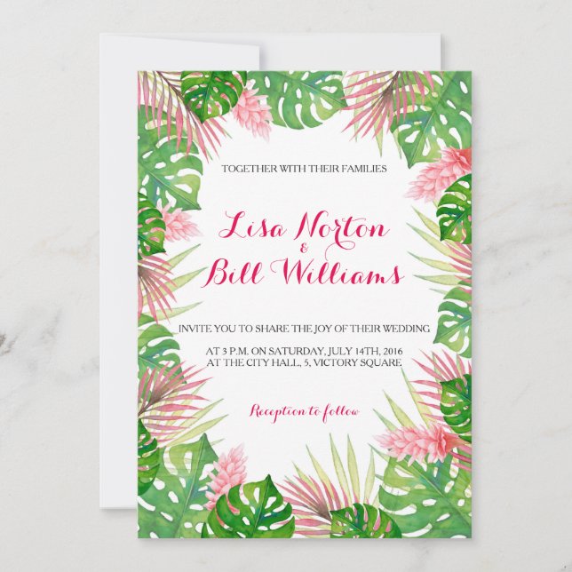 Uppfinning av Tropical löv water bröllop Inbjudningar (Framsida)