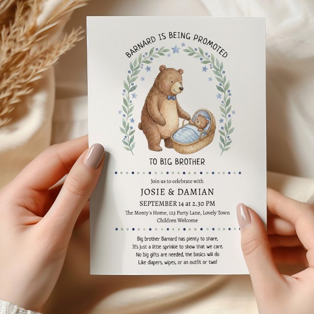 Uppflyttad till storebror Teddybjörn Babysprinkle Inbjudningar (Promoted to Big Brother, woodland bear baby sprinkle invitation)