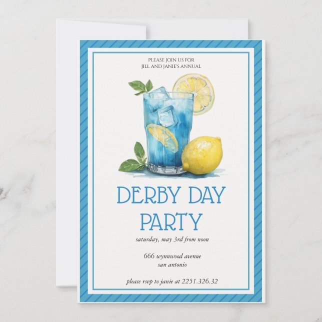 Uppfriskande Blå Drink Lemon Derby Day Fest Invita Inbjudningar (Framsida)
