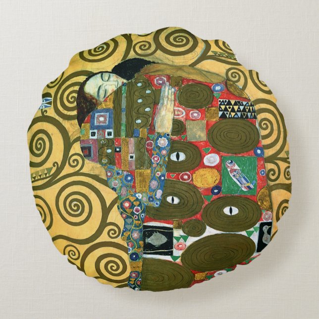Uppfyllelse aka Kyssen av Gustav Klimt Rund Kudde (Baksidan)