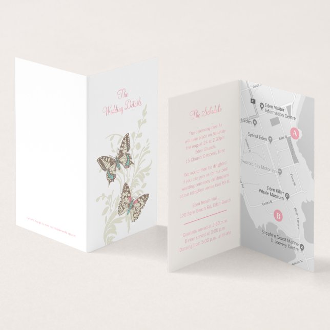 Uppgift om två fjärilar rosa bröllop karta kort (In- och utsida)