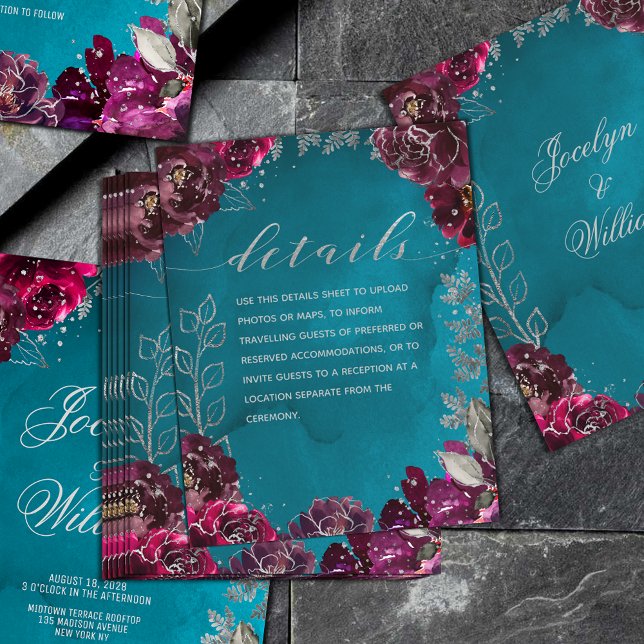 Uppgifter om Aqua Teal Merlot Jewel Tone Bröllop L Tilläggskort (Aqua Teal Merlot Jewel Tone Wedding
Details Enclosure Sheet when you want to convey more info)
