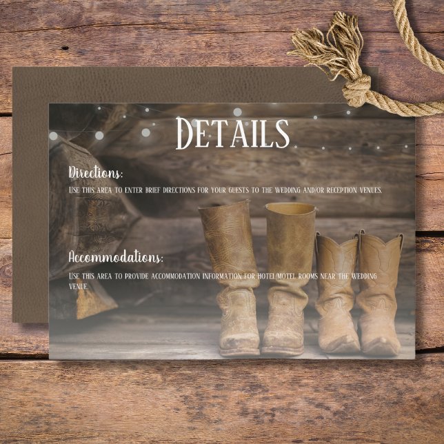 Uppgifter om Barn & Boots Rustic Cowboys Westerna  Tilläggskort (Rustic Boots for Two Cowboy Wedding Details Enclosure Card)