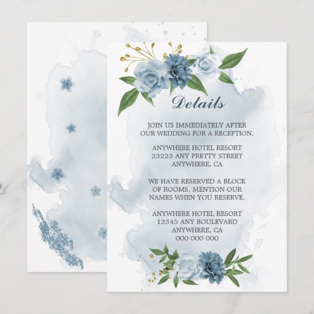 Uppgifter om blåa blommor greenery tilläggskort (Fram/baksida)