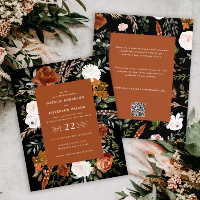 Uppgifter om blommigten bröllop i svarta terracott flygblad (Skapare uppladdad)