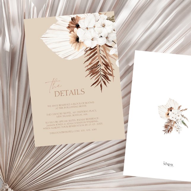 Uppgifter om Boho Beige Pampas Grass Orchid Bröllo Tilläggskort (Boho Terracotta Beige Pampas Grass Wedding Details Enclosure Card)