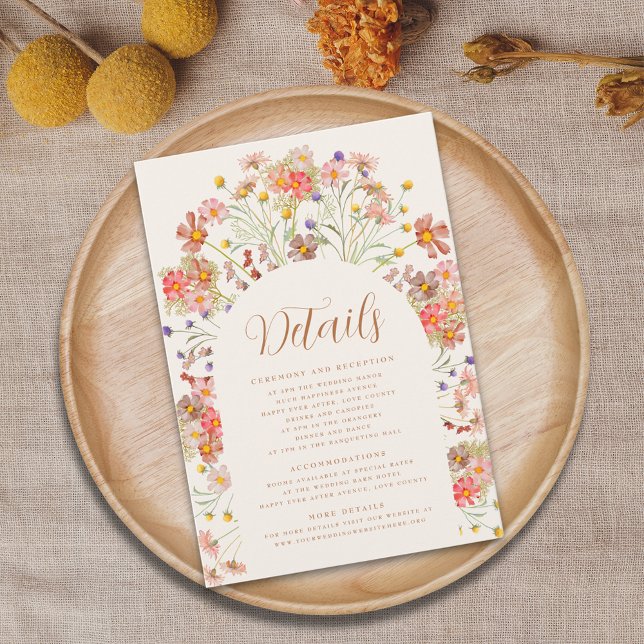 Uppgifter om Boho Fall Blommigt Terracotta Bröllop Tilläggskort (Boho fall wildflower floral arch wedding details enclosure card terracotta burnt orange beige )