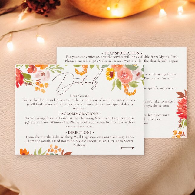 Uppgifter om Boho fall, strålmålad blommigt bröllo Tilläggskort (Boho fall rustic painted floral wedding details enclosure card)