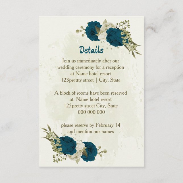 Uppgifter om botaniska bröllop i tealblåbeige tilläggskort (Framsida)