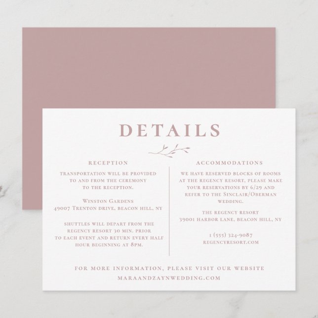 Uppgifter om Botaniska Gren Dusty Mauve Ro Bröllop Inbjudningar (Fram/baksida)