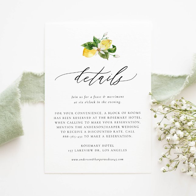 Uppgifter om Botaniskt citron och Greenery Bröllop Tilläggskort (Customizable Details Card with Watercolor Lemons, Blossoms and Greenery | Lemon Wedding Details Card)