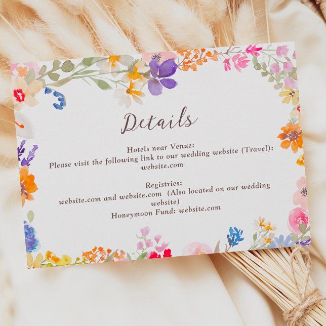 Uppgifter om bröllop i trädgårdssnäckor tilläggskort (Boho garden summer wildflowers wedding details enclosure card)