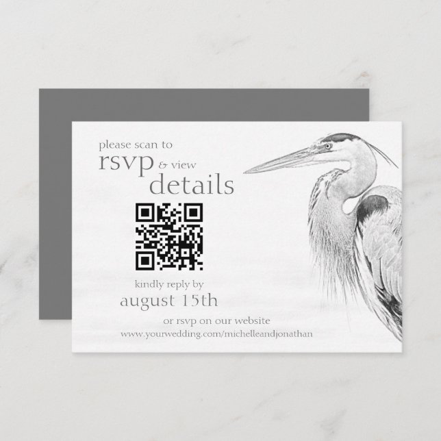 Uppgifter om Bröllop QR-koden Blue Heron Sketch QR OSA Kort (Fram/baksida)