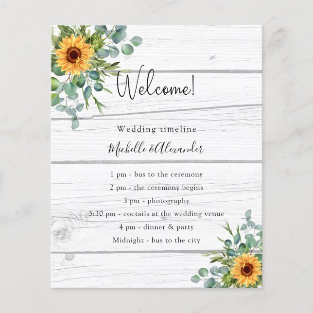 Uppgifter om bröllopsprogrammet av solblommor euca (Framsida)