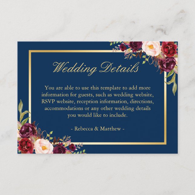 Uppgifter om Burgundy Blommigt Guld marinblått Brö Tilläggskort (Framsida)