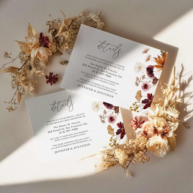 Uppgifter om Burgundy Fall Botanical Bröllop Tilläggskort (Fall Burgundy Floral Wedding Details Card)