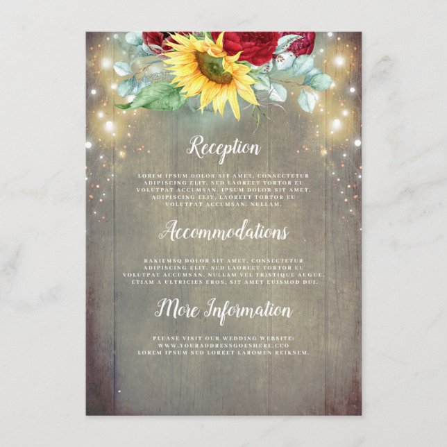 Uppgifter om Burgundy Röd ros och Solrossen Bröllo Tilläggskort (Framsida)