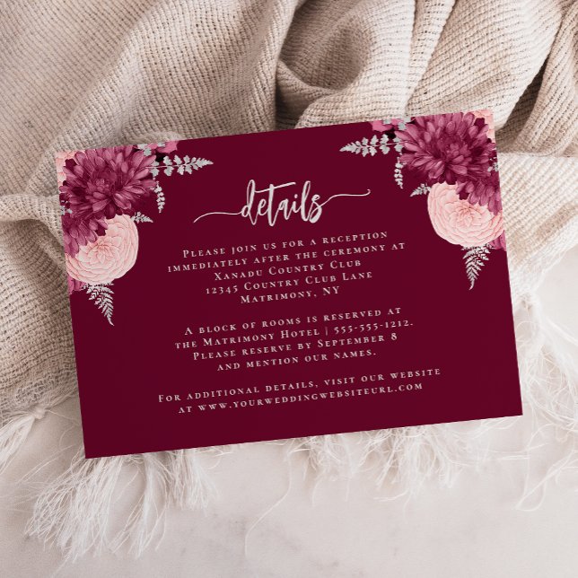 Uppgifter om Burgundy  Silver Blommigt Bröllop Tilläggskort (Skapare uppladdad)