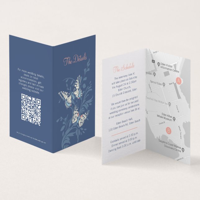 Uppgifter om Butterflies blue coral bröllop karta  Kort (In- och utsida)