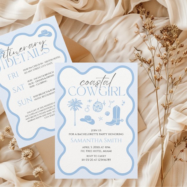Uppgifter om Cowgirl Blue Bachelorette Helg Inbjudningar (Coastal Cowgirl Bachelorette Weekend Itinerary Invitation)