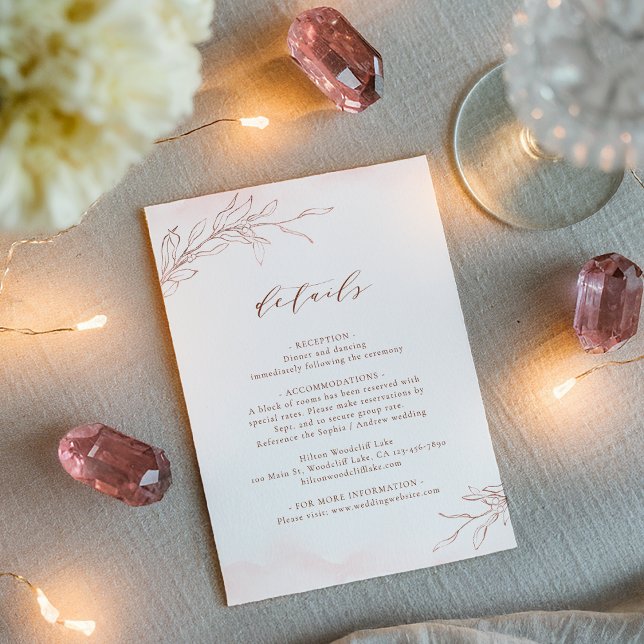 Uppgifter om den botaniska bröllop i den enkla ele tilläggskort (Rose gold simple elegant botanical wedding details enclosure card)