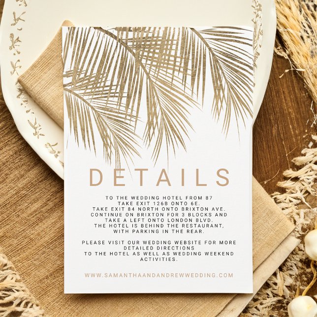 Uppgifter om den moderna faux guld handflatan träd inbjudningar (Modern faux gold palm tree elegant wedding details invitation)