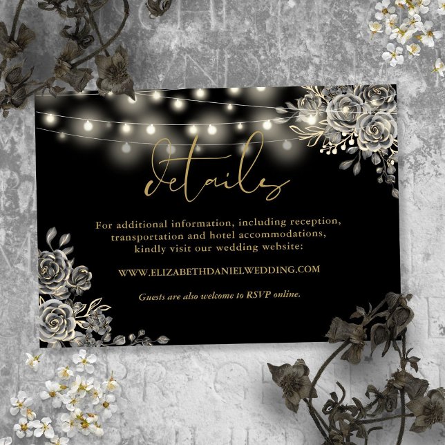 Uppgifter om den otäcka Bröllop i Svarta och Guld  Tilläggskort (Black And Gold Roses Lights Gothic Wedding Details Enclosure Card)