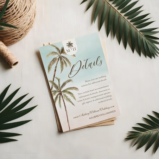Uppgifter om den tropiska Guesten Handflatan Träd  Inbjudningar (Bohemian Tropical Palm Trees Wedding Guest Details Invitation)