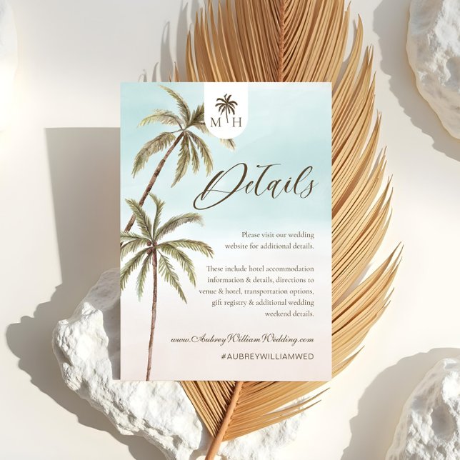Uppgifter om den tropiska Guesten Handflatan Träd  Tilläggskort (Bohemian Tropical Palm Trees Wedding Guest Details Enclosure Card)