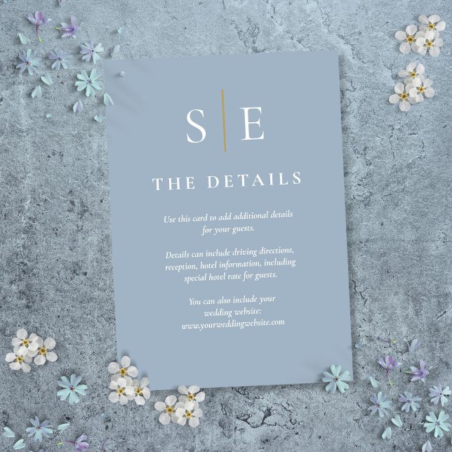 Uppgifter om Dusty Blue och Guld Monogram Bröllop Tilläggskort (Dusty Blue And Gold Monogram Wedding Details Enclosure Card)