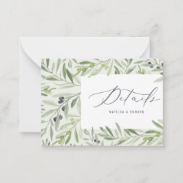 uppgifter om elegant bröllop för vattenfärgsolivol anteckningskort
