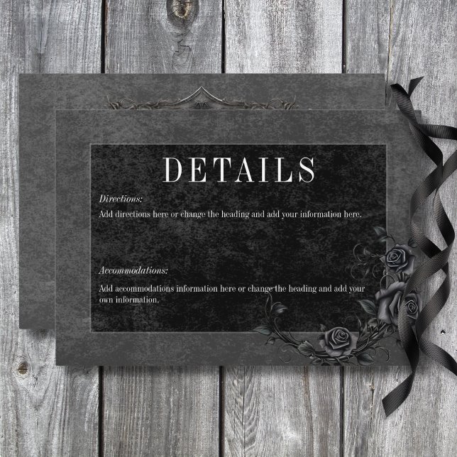 Uppgifter om Gothic Black Raven & Black Ro Bröllop Tilläggskort (Gothic Black Raven & Black Roses Wedding Details Enclosure Card)