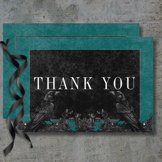 Uppgifter om Gothic Black Raven & Black Ro Teal Tack Kort (Gothic Black Raven & Black Roses Teal Details Thank You Card)