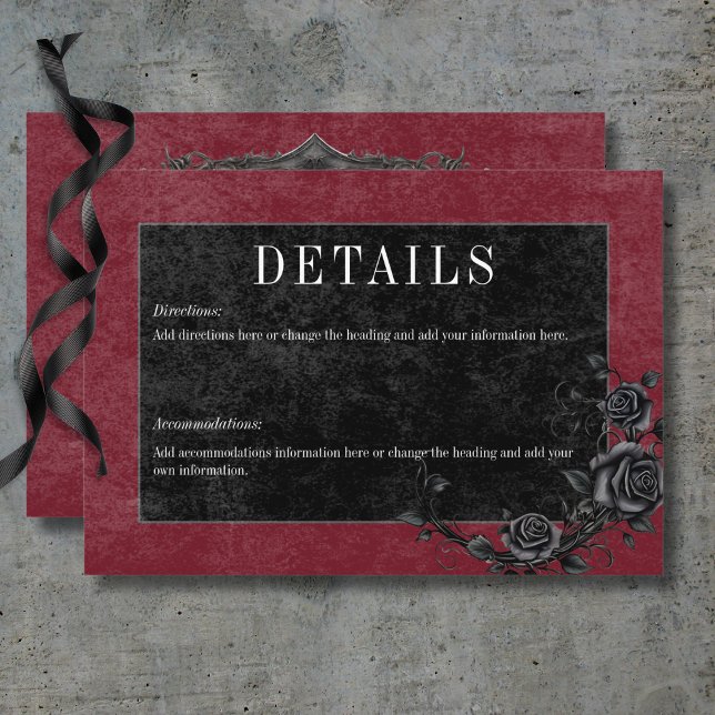 Uppgifter om Gothic Black Raven & Black Ro Vin Tilläggskort (Gothic Black Raven & Black Roses Wine Details Enclosure Card)