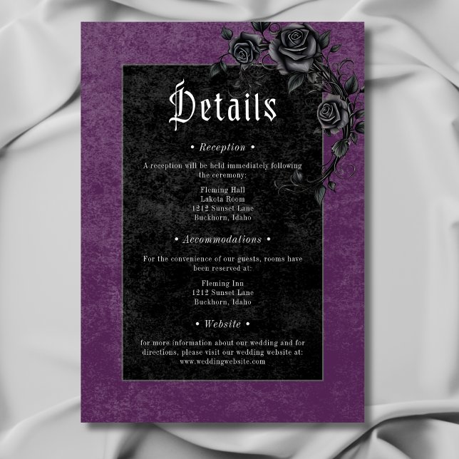 Uppgifter om Gothic Black Raven Ro Lila Bröllop Tilläggskort (Gothic Black Raven Roses Purple Wedding Details Enclosure Card)