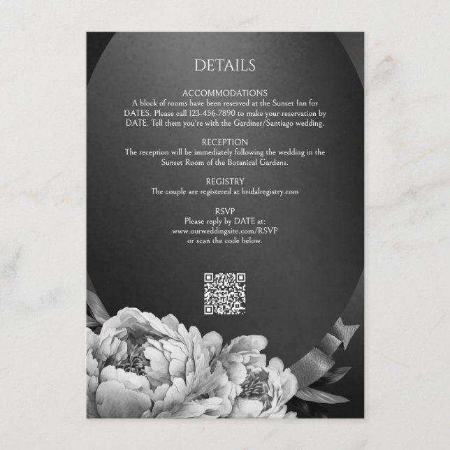 Uppgifter om Gothic Moody White Peonies Bröllop Tilläggskort (Framsida)