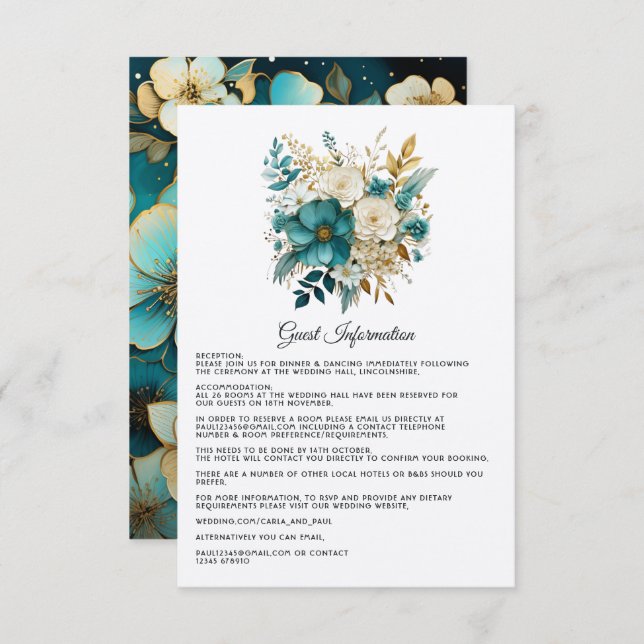 Uppgifter om Guest i Teal och Guld Blommigt Bröllo Tilläggskort (Fram/baksida)