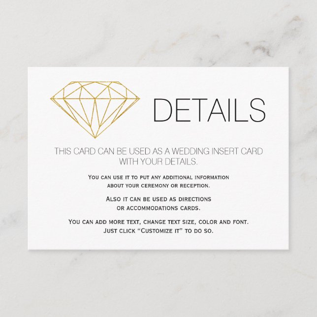 Uppgifter om guld glitter, diamant trendig bröllop tilläggskort (Framsida)