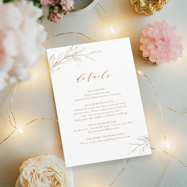 Uppgifter om guld simpel elegans botaniska bröllop tilläggskort (Gold simple elegance botanical wedding details enclosure card)